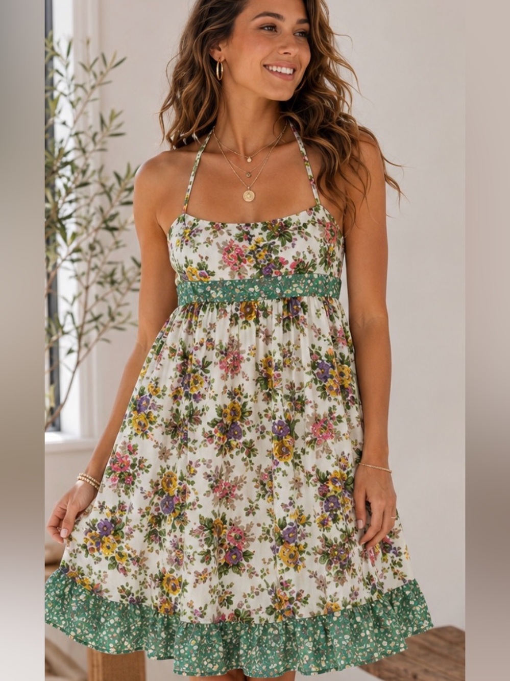 Fire Los Angeles Floral Halter Babydoll Dress Large Cotton Boho Summer Sundress